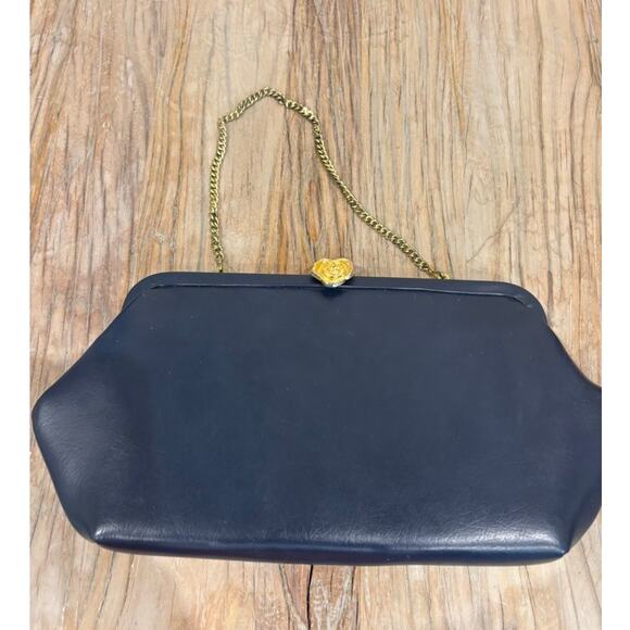 Vintage Navy Blue Clutch Purse with Gold Rose Clasp – Classic Evening Bag - Picture 2 of 6